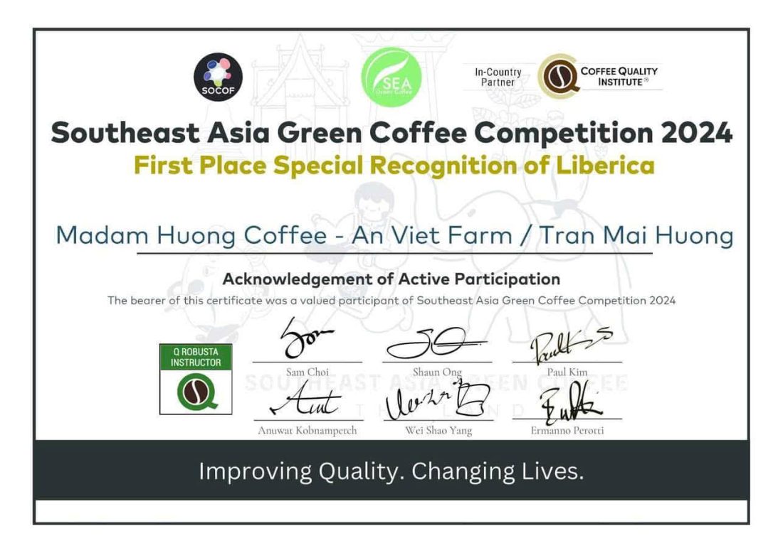 SEA Green Coffee Competition 2024 certificate — Liberica